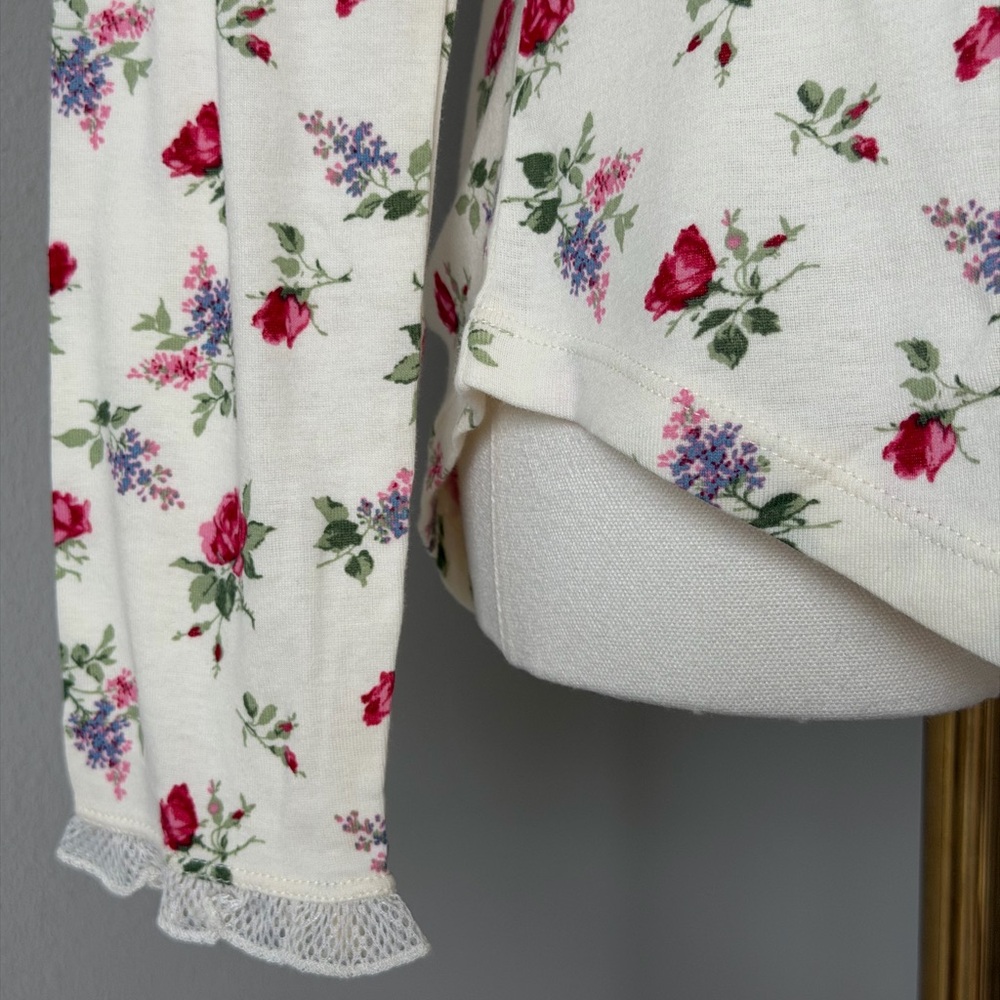 Lauren Ralph Lauren Cream Floral Rose Cotton Pajama Set-Romantic Sleepwear-S - Picture 7 of 16